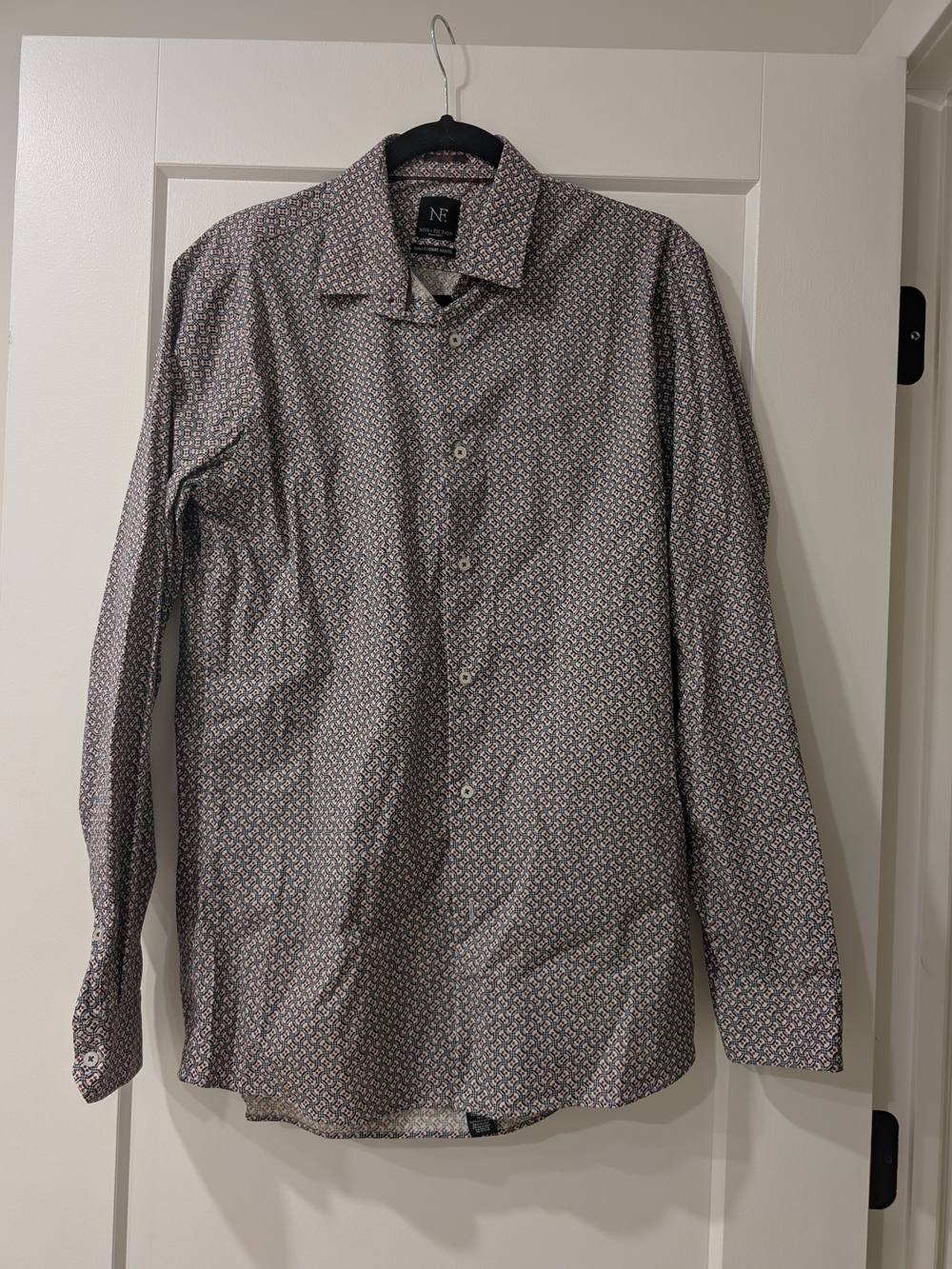 NY Collection Men's Long-Sleeve Printed Dress Shirt - Brown and White Geo Print